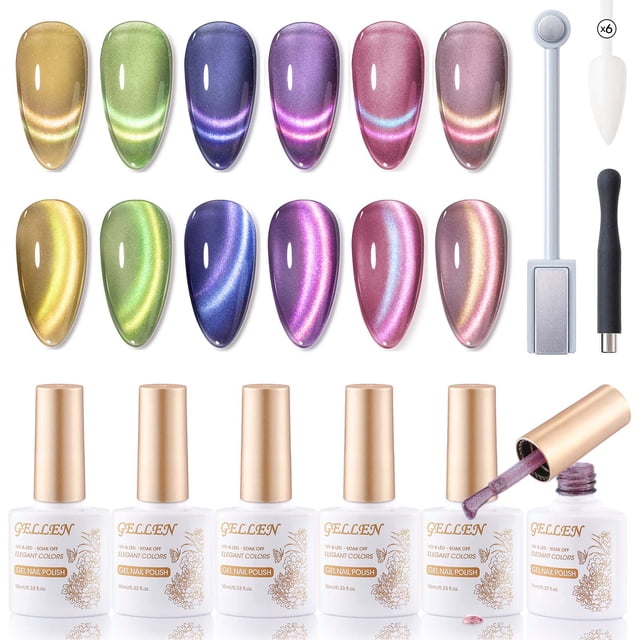 Gellen Cat Eye Esmalte de Uñas en Gel, Kit de Esmalte de Gel Holográfico de Galaxia de Doble Color de 6x10 Ml con Imán, Gel de Uñas UV Amarillo, Azul, Rosa y Morado con Brillo para Salón de Uñas