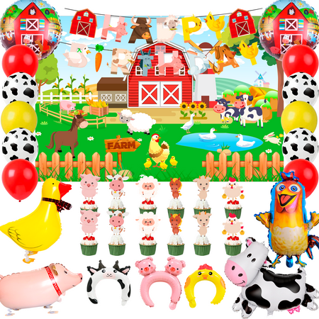 Farm Animal Birthday Decorations, 49pcs Farm Party Decorations Set Including Farm Animal Balloons Backdrop Cupcake Toppers Head Hoop etc Farm Birthday Decorations Supplies for Girls/Boys Kids
