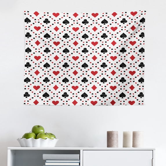 Casino Tapestry, Holdem Gambler Hearts Spades Diamons Success Winning Modern Design Artwork, Fabric Wall Hanging Decor for Bedroom Living Room Dorm, 2 Sizes, Black Red, by Ambesonne