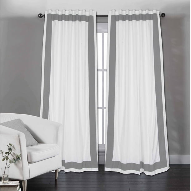 Grey Long Border Trim Cotton Curtain Panel, White 96 Inch by 52 Inch