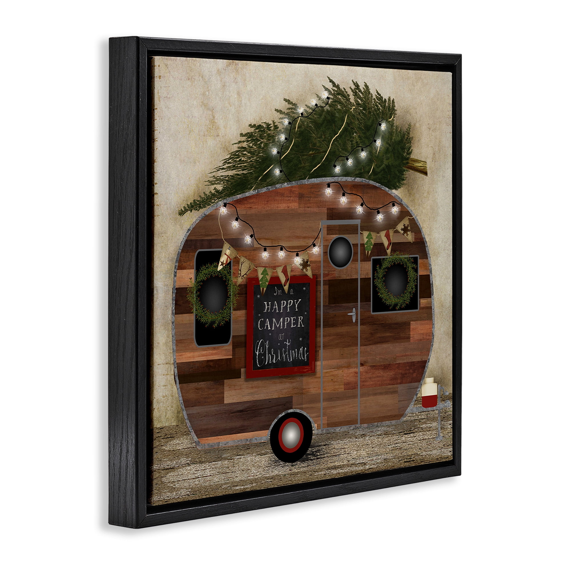 Stupell Industries Happy Camper At Christmas Holiday Painting Black Floater Framed Canvas Art Print Wall Art, 25 x 25