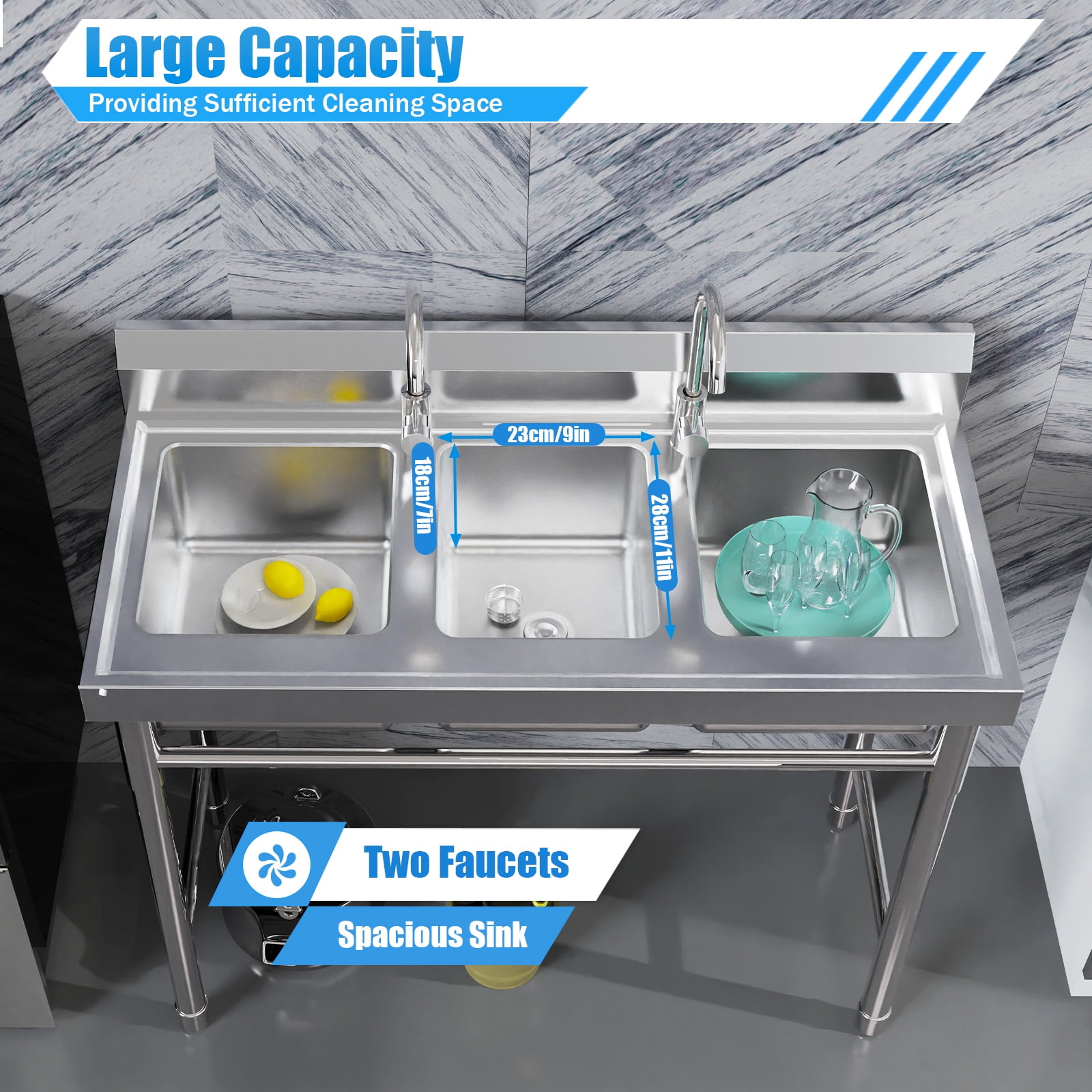 Stainless Steel Utility Sink with Pull-Out Faucet, 36"x20" Commercial Laundry Sink with Shelf, 13.2 Gal Capacity, for Kitchen, Garage, Laundry Room