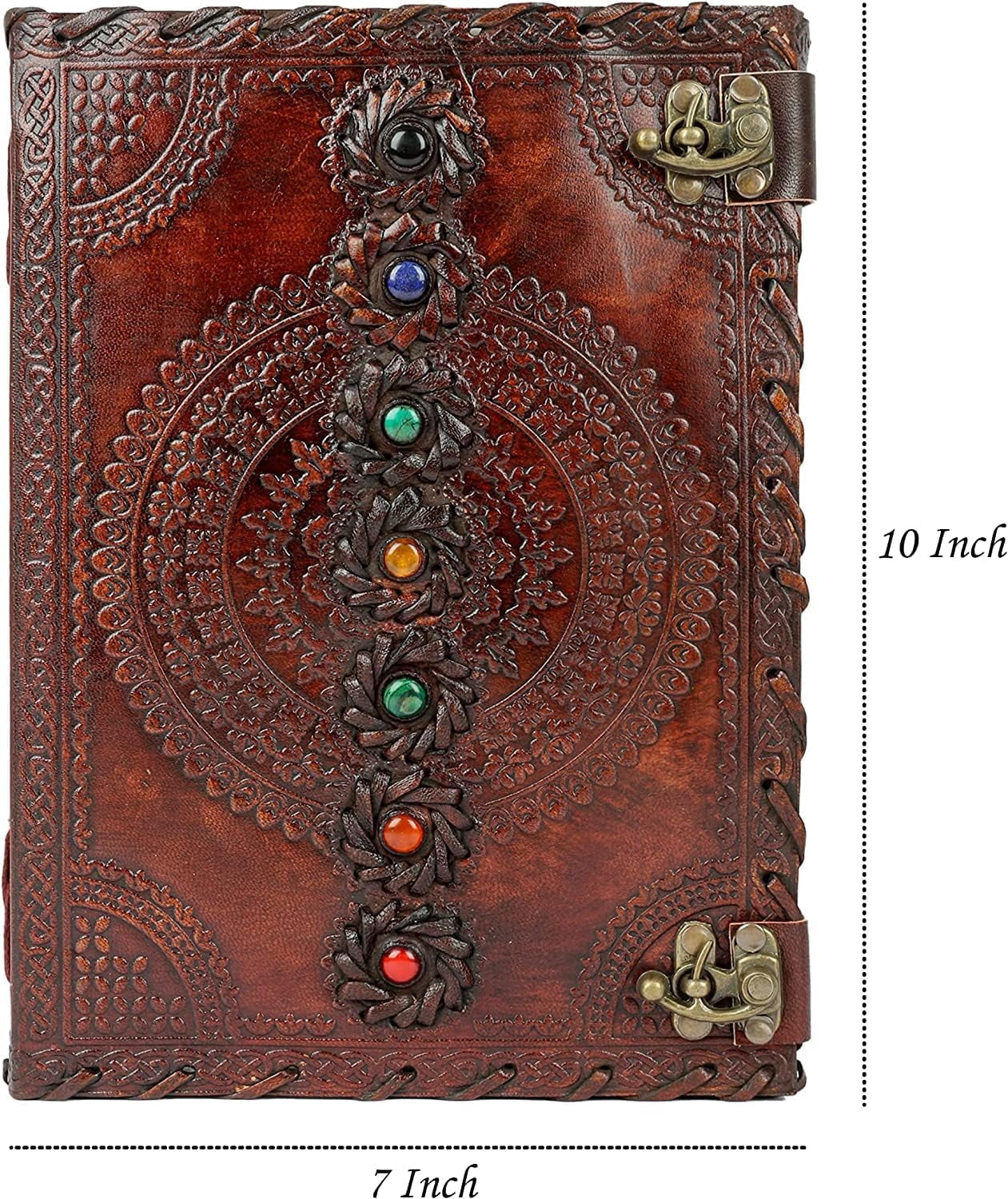PRASTARA Seven Chakra Stone Leather Journal | LARGE Leather Bound Journal Embossed Book of Shadow Witchcraft Notebook | Blank Paper Vintage Notebook Sketchbook Gifts for Men and Women