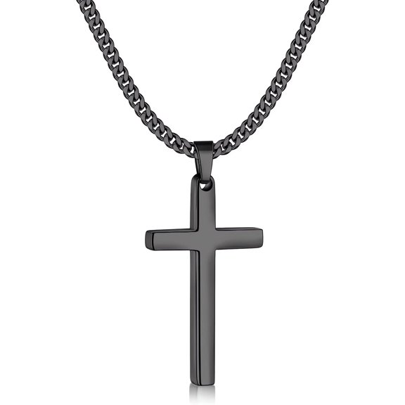 Black Necklace for Man, Cross Necklaces with 3.5mm Chain and Stainless Steel Cross Pendant, Cuban Chain 16-24 Inches