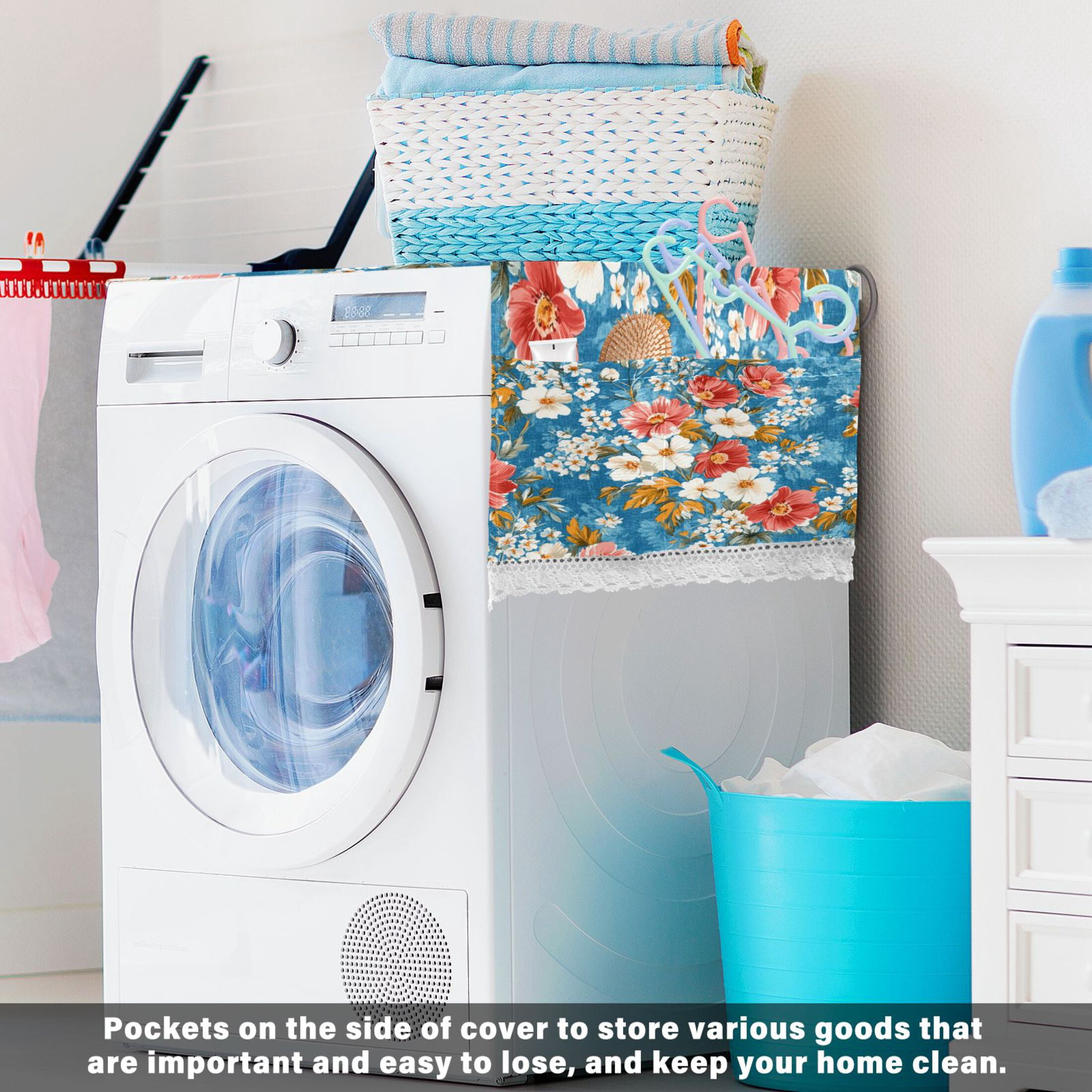 WOBOGO Red and White Nostalgic Flowers Washing Machine Cloth Dryer Refrigerator Top Cover Protective Non-Slip Mat For Kitchen Laundry