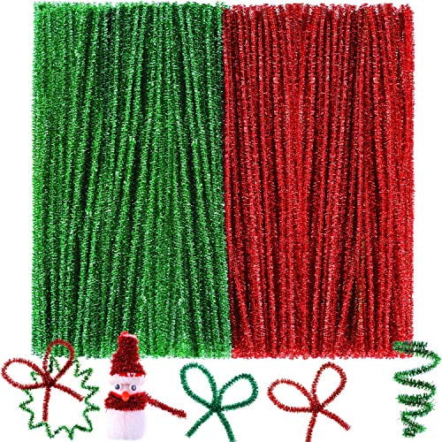 300 Pieces Christmas Pipe Cleaners 12 Inches Glitter Craft Red Green Pipe Cleaners Colorful Chenille Stems for Xmas DIY Arts Christmas Crafts Decoration