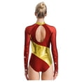 thumbnail image 3 of Nyeemya Women's Rhinestone Ballet Dance Leotard Long Sleeve Gymnastics Bodysuit Figure Skating Top Burgundy&Gold XL, 3 of 5