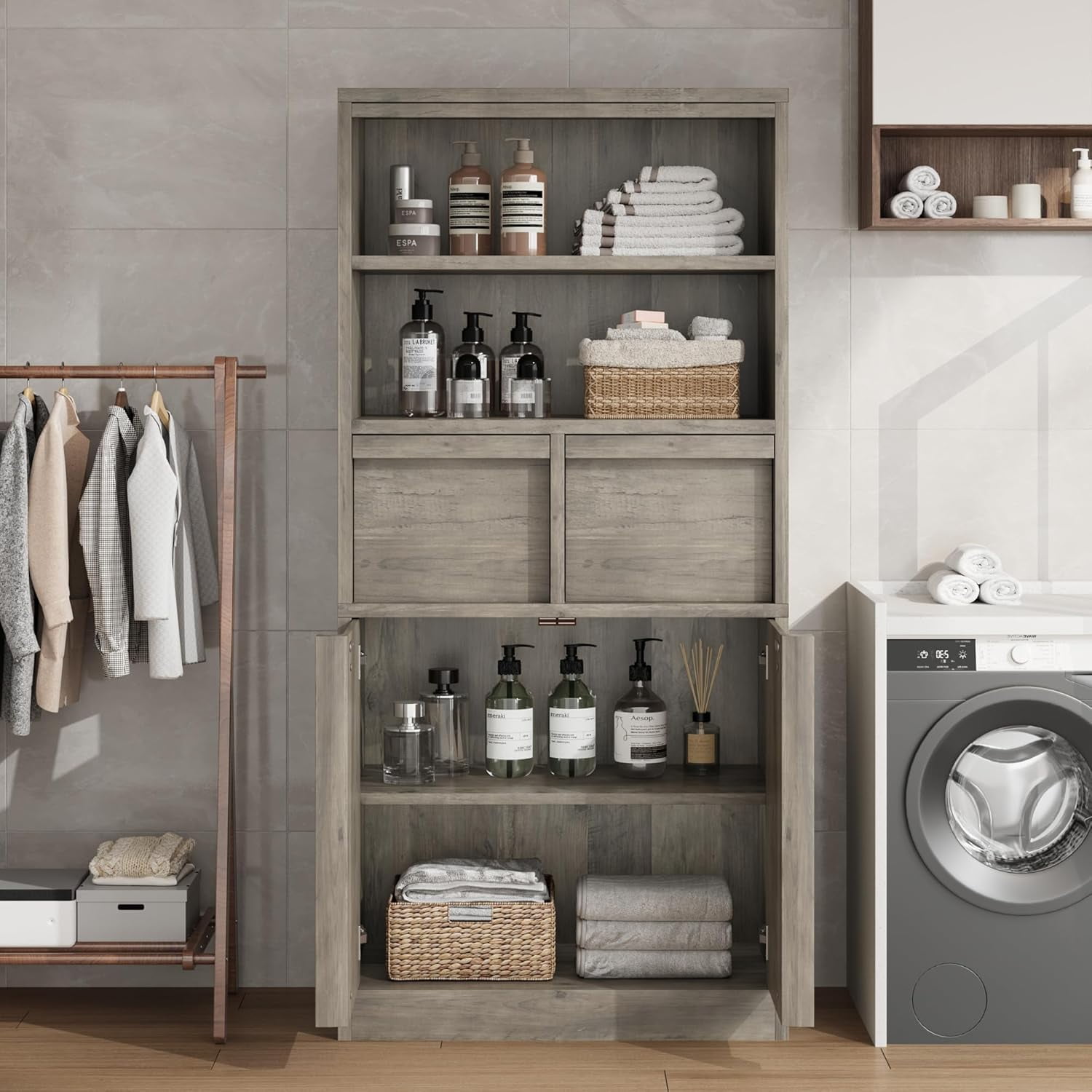 Tall Bathroom Cabinet, Floor Storage Cabinet with Doors & 2 Drawers, Narrow Storage Unit 51" H Tall Bathroom Organizer Cabinet Freestanding Floor Cabinet for Bathroom