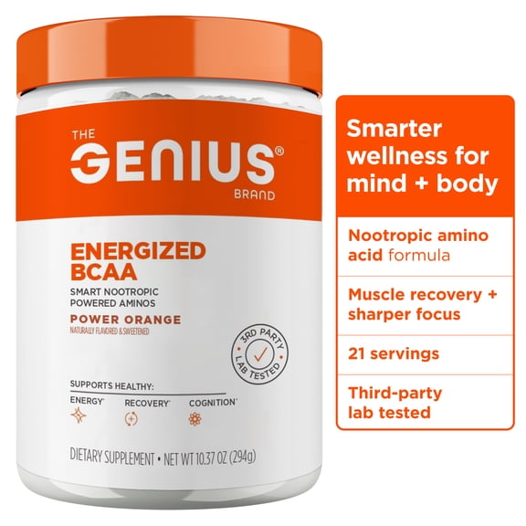 Genius BCAA Powder - 5g Vegan BCAAs L-Glutamine, Cognizin & Rhodiola Muscle Recovery Energy Support 100mg Caffeine Pre, Intra, Post-Workout Nootropic Supplement - Orange - 21 Servings