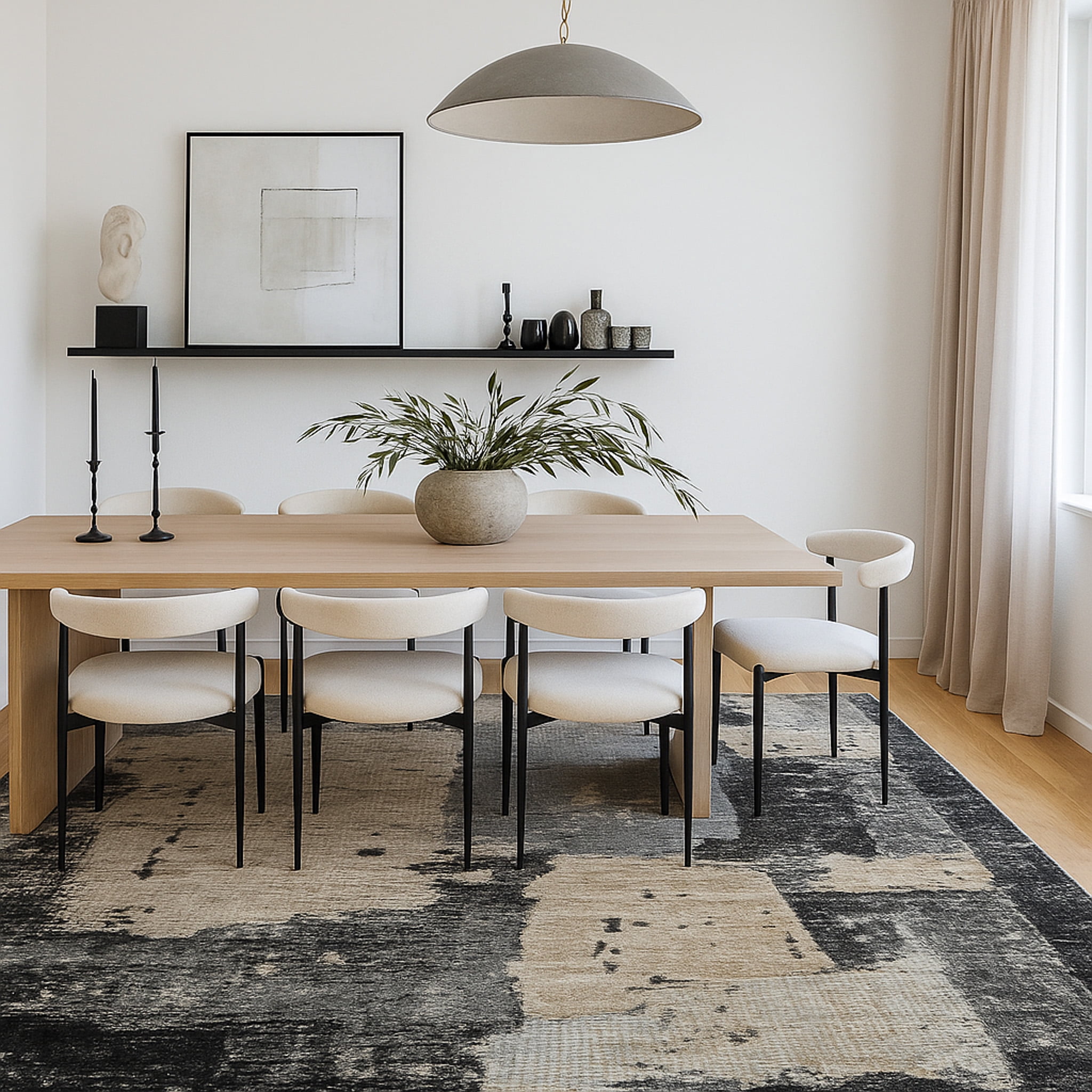 Tapis d'interieur abstrait Rug Branch Nomad, noir beige, moderne - Salon, chambre, salle a manger et cuisine