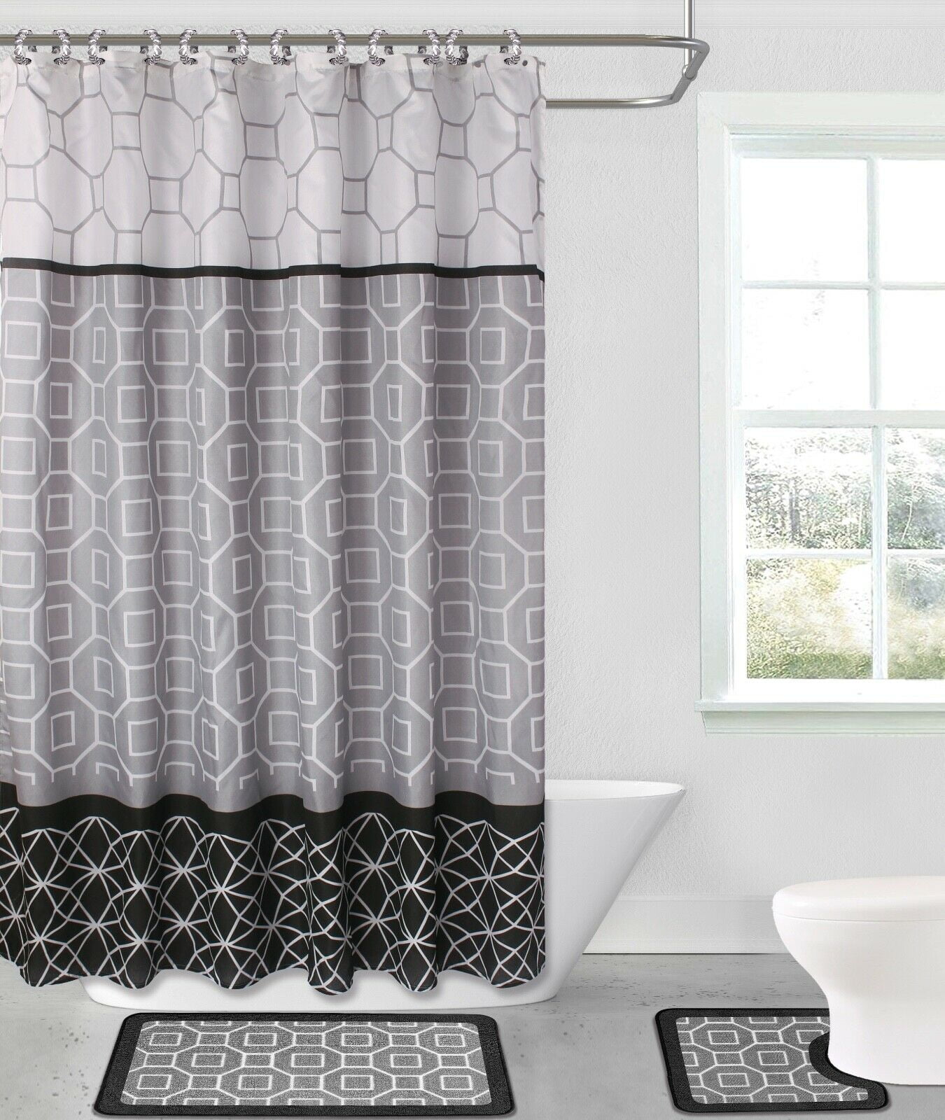 DIAMOND GREY / BLACK 15piece Hotel Bathroom Sets 2 NonSlip Bath Mats Rugs Fabric Shower