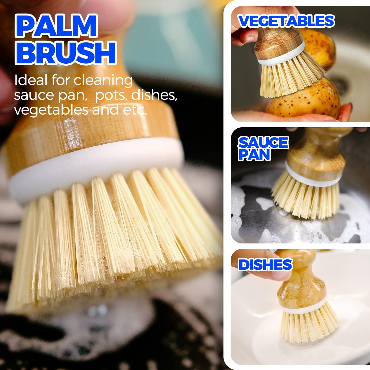 6 Pack Dish Brush Scouring Pad Set with Bottle Brush, Dish Brush, Palm Scrub Brush and Straw Brush, Dish Scrubber Long Handle for Dish Bottle Cup Skillet Wok Pot Pan Cast Iron, Yellow