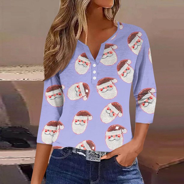 Puntoco Blusa informal de cuello redondo con mangas 3/4 cortas y estampado a la moda para mujer