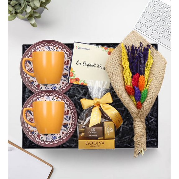 2 Piece Orange Turkish Coffee Cup & Godiva Napolitan Chocolate & Handmade Bouquet Flower Gift Set
