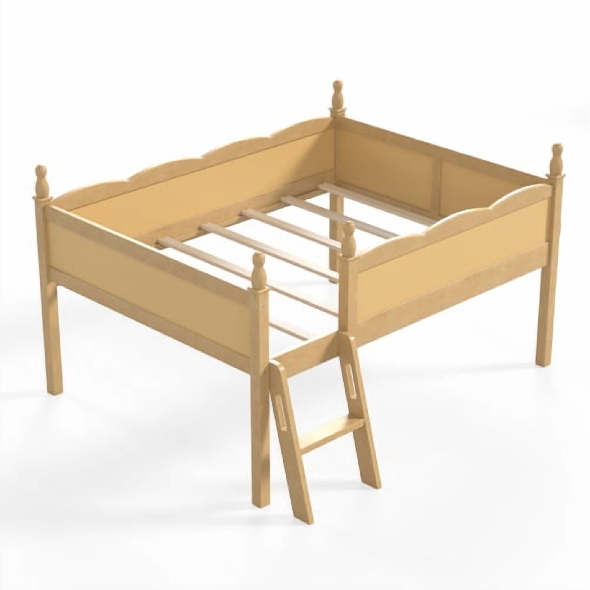 Full Size Solid Wood Low Loft Bed with Full-Length Guardrails, Ladder and Side Bookshelf, Natural