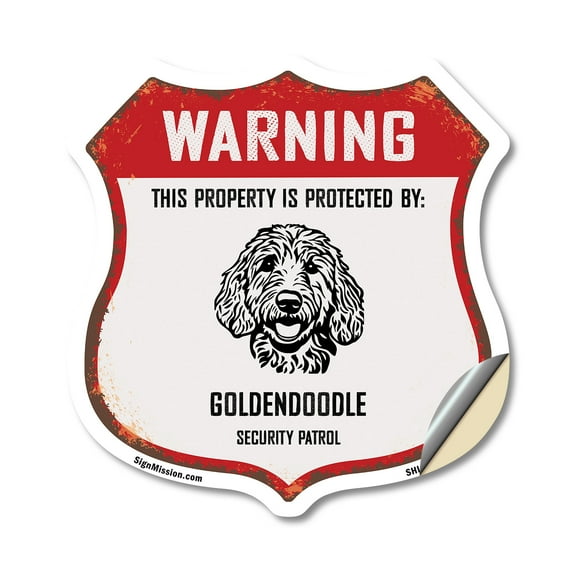 Warning This Property is Protected by Goldendoodle (2 Pack) 6 inch X 6 inch Shield Shaped Heavy Duty 3.2 mil Vinyl Decals Weather Resistant Made in the USA