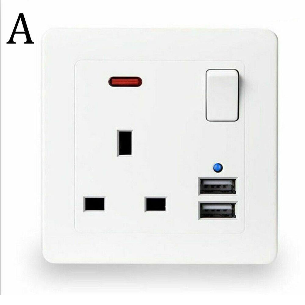White Mains 2 Gang Double Switched Wall Socket 2 USB Mobile Phone Tabet Charger 