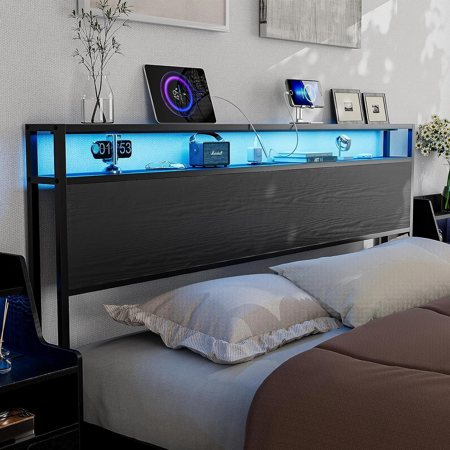 ARICOEASY King Size Storage Headboard with LED Lights & Charging Station, Modern King Headboard for Bedroom, Black