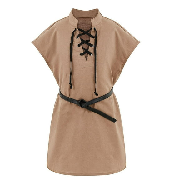 Kids Boy Renaissance Sleeveless Shirts,Lace Up Front Viking Pirate Shirt,Medieval Costume Tops,Color:Brown,5-6 Years