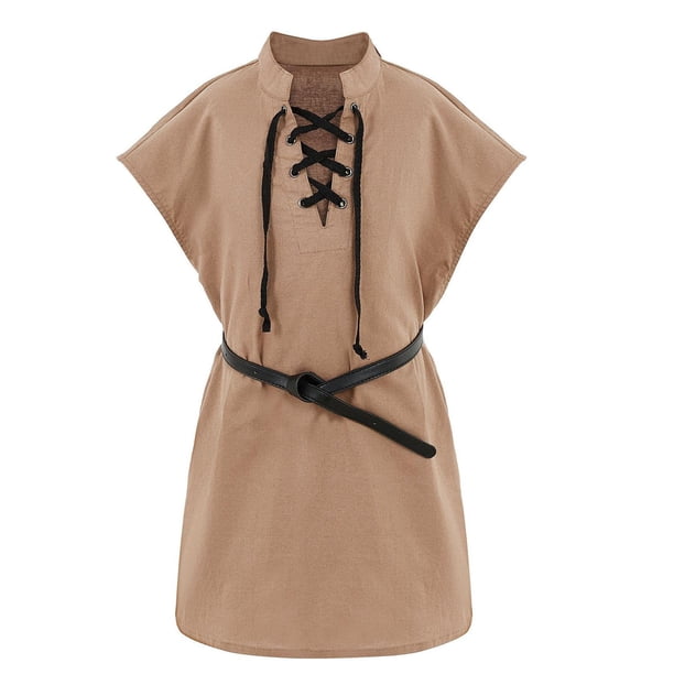Gibobby Camisas De Vestir Camiseta de para niños pequeños, camiseta sin mangas Medieval vikingos, traje de corbata de algodón escocés con cinturón para niños y niñas(Marrón, 4-5 Años)