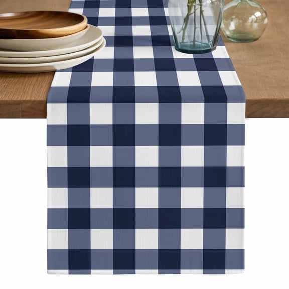 Navy Blue Check Table Runner, Farmhouse Buffalo Plaid Blue Washable Cotton Linen Table Runners 36 Inches Long, Dresser Scarf Runner for Nightstand/End Tables/Round Tables 13''x36''