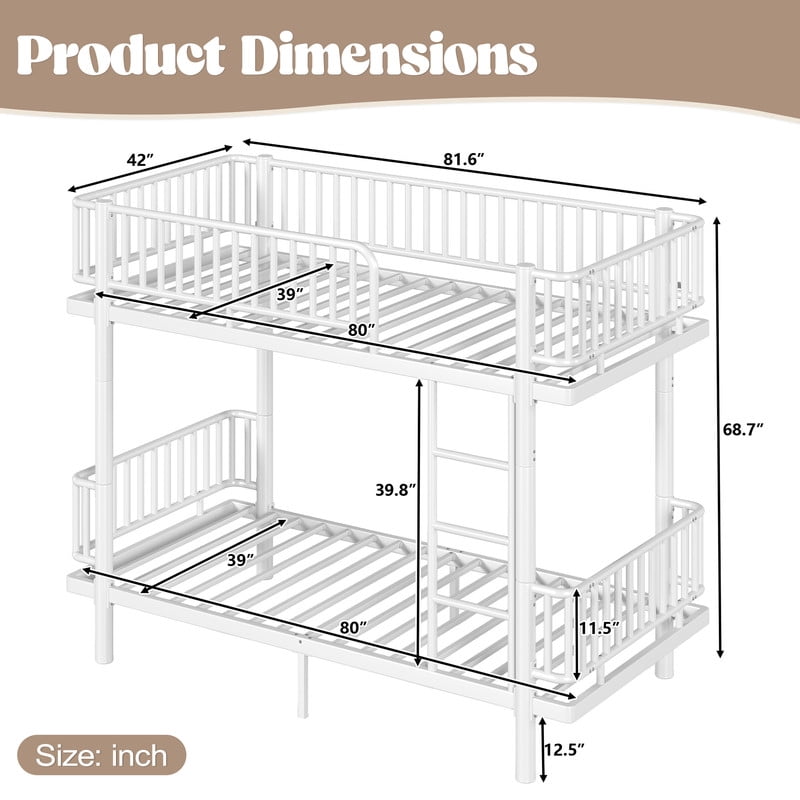 Twin XL-over-Twin XL Teens Bunk Bed Can Transformed into 2 Platform Beds, Metal Kids Bed Frame with Round-Pipe, Ladder & Guardrails