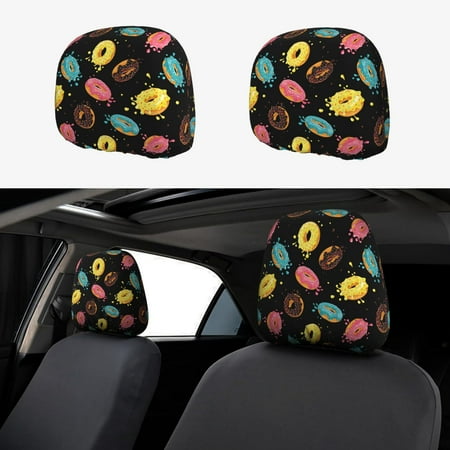 2 PCS Car Headrest Cover Colourful Donut Print Black Soft Car Seat Head Rest Cover Protector Interior Car Accessories Seat Covers for Cars Truck Auto Only Covers