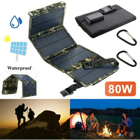 80W USB Solar Panel Folding Power Bank Outdoor Camping Hiking Phone Charger