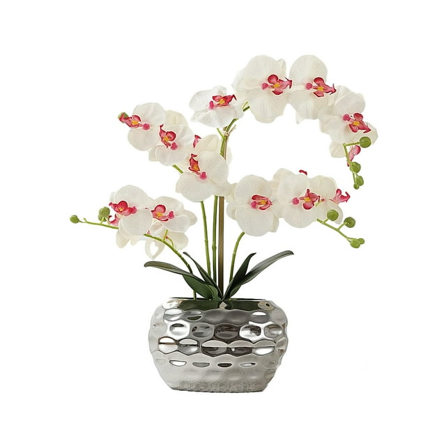 Injueey Flores artificiales para decoración - Planta de orquídea blanca artificial de larga duración elegante Decoración blanco rojo