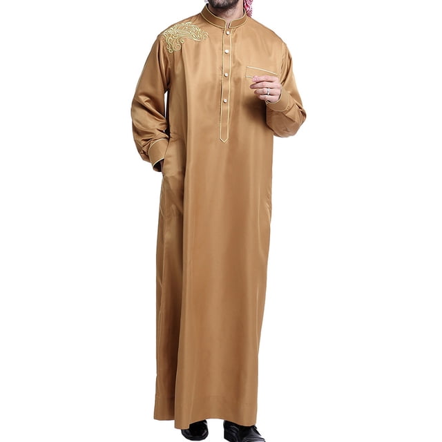 Lovzfmll Thobe Musulman pour Hommes Arabe Moyen-Orient Longue Robe Manches Longues Col Montant Brodé Poche Longue Robe Marron, G