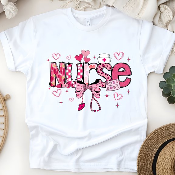 Nurse Graphic T-Shirt | Pink Bow and Heart Medical Icons Tee, White, Size S