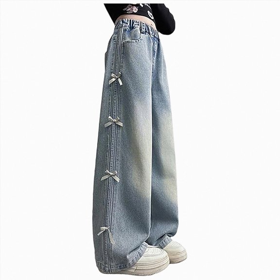 Leey-World Girls Pants Baggy Jeans for Girls Cute Kids Bow Embroidery Wide Leg Denim Pants High Waist Trousers Y2k Tween Clothes 7-13Y(Blue,13-14 Years)