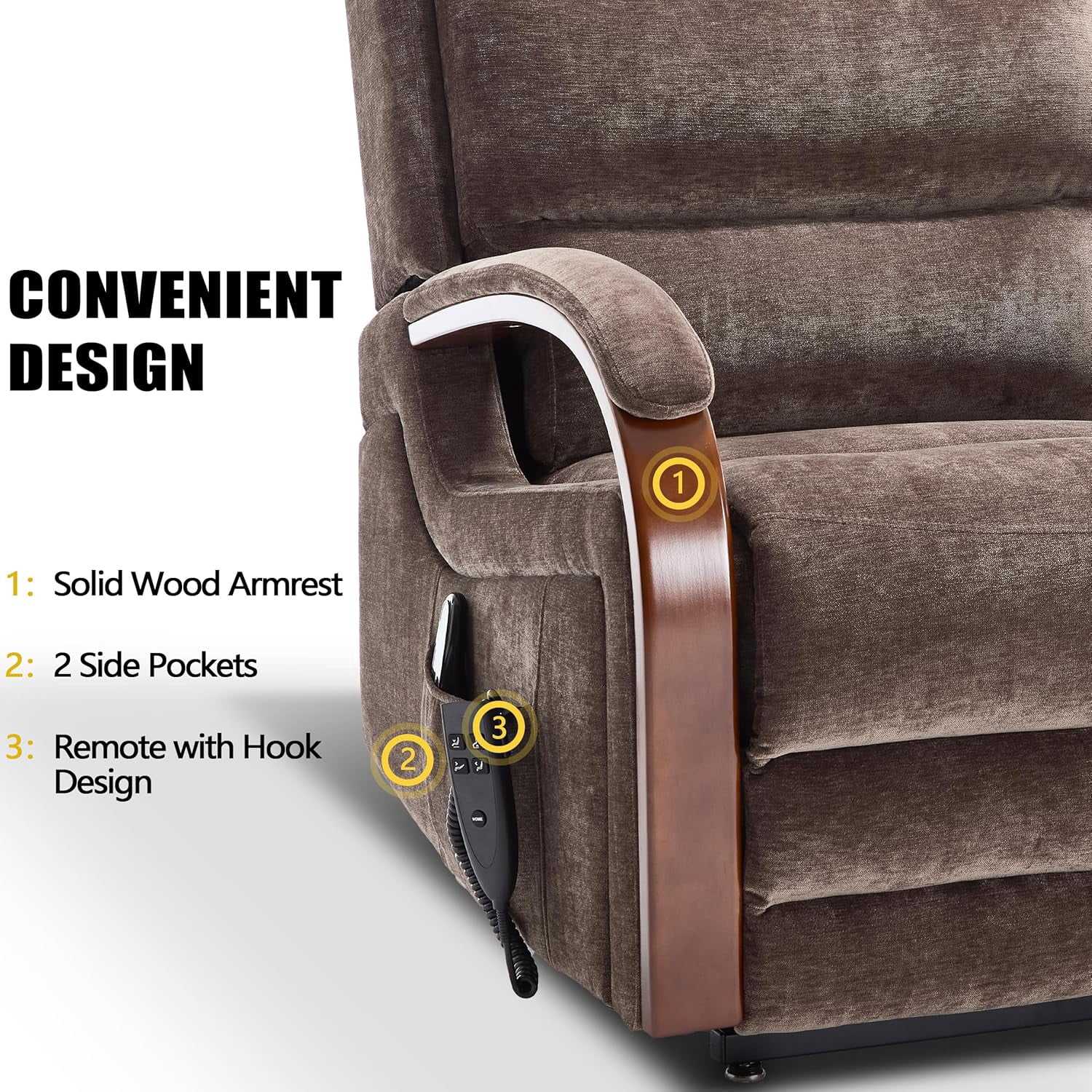 Power Lift Recliner Chair for Elderly People, Dual Motor Lift Chair with Vibration Massage and Heat, Lay Flat Recliner with Solid Wood Armrest, Standing Assistance Reclining, Chenille Fabric Brown