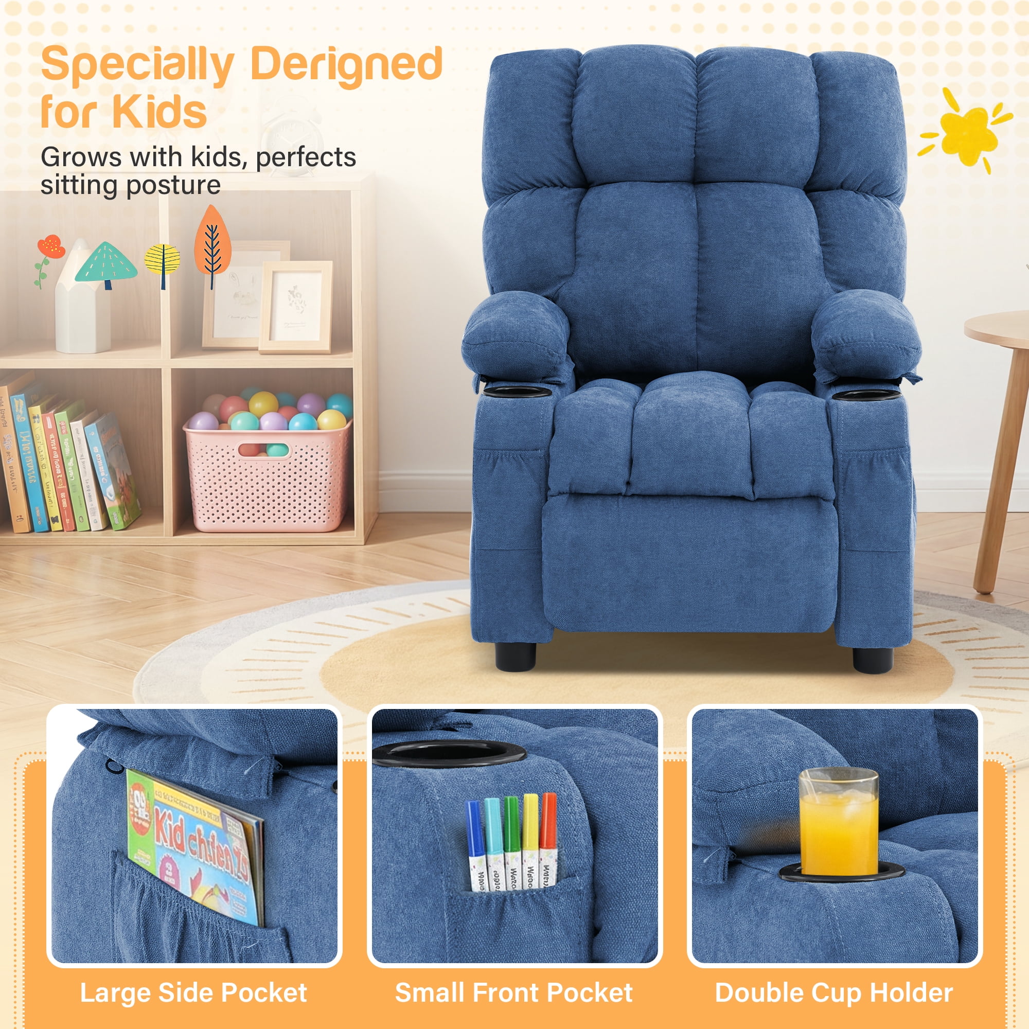 JONPONY Kids Recliner Chair,Push Back Toddler Recliner with Cup Holders & Side Pockets，Adjustable Footrest & Headrest Kids Sofa for Boys Girls 3+ Age Group，Children's Bedroom Furniture，Blue