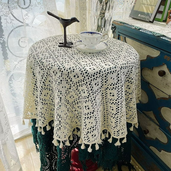 Crochet Lace Tablecloth with Tassel Round Table Cover for Kitchen Dinning Wedding Party Decoration