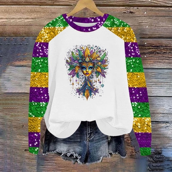 Jsaierl Mardi Gras Shirts for Women Funny Carnival Themed Mask Graphic Tees Oversized Long Sleeve T Shirts Blouses Dressy Casual Round Neck Gifts Tops