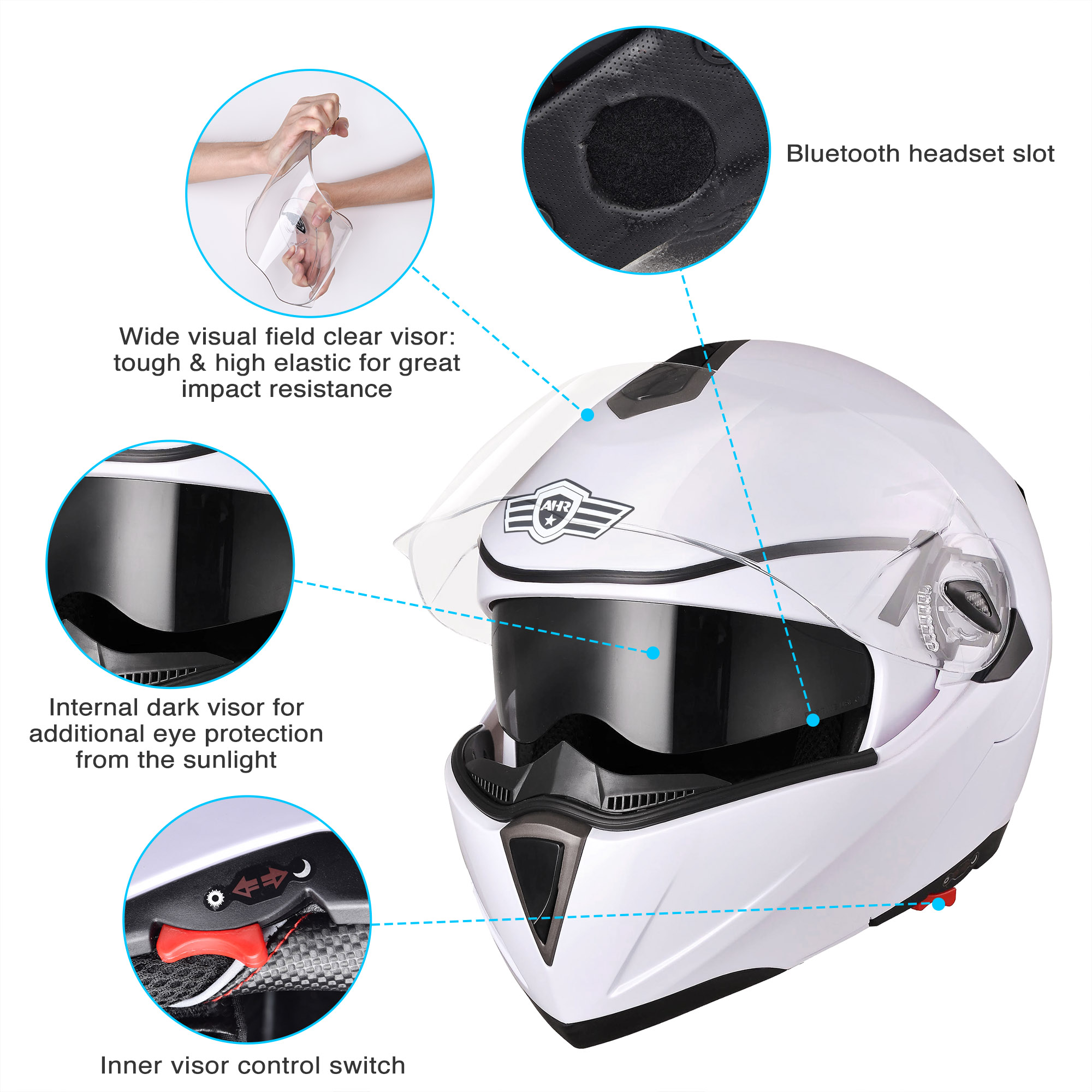 AHR Motorcycle Helmet Dual Visor Modular Flip up Full Face Helmet DOT Approved RUN-M for Adult Motorbike Street Bike Moped Racing