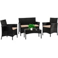 thumbnail image 1 of 4-Piece Outdoor Wicker Patio Furniture Set, Black Rattan Conversation Set with Beige Cushions and Glass Coffee Table, for Backyard, Balcony, Poolside, 1 of 5