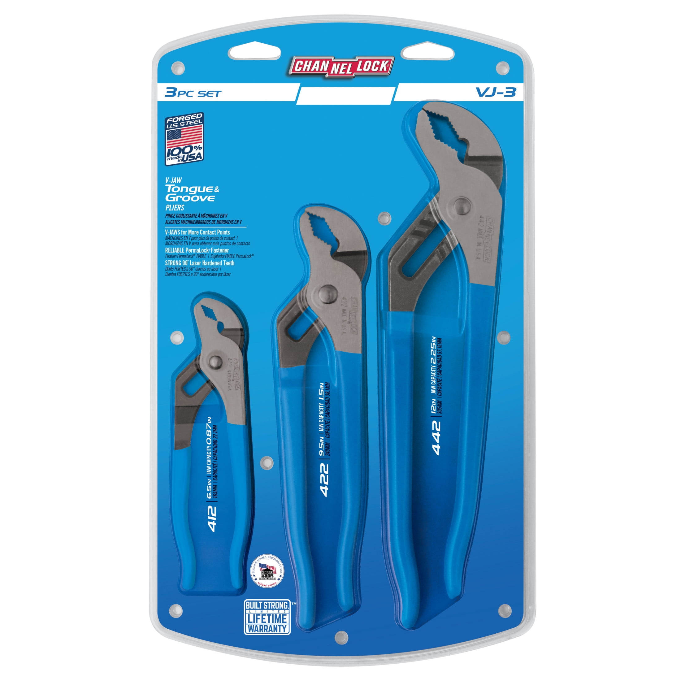 CHANNELLOCK V-Jaw Tongue & Groove Pliers Set, Includes 6.5, 9.5 and 12-inch Pliers, Made in USA, 3-tool set (VJ-3)
