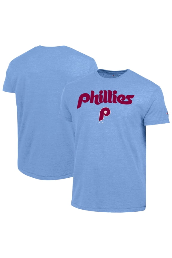 Men's Champion  Light Blue Philadelphia Phillies Cooperstown Wordmark Lockup Tri-Blend T-Shirt