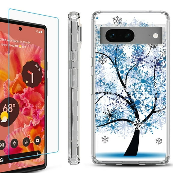 OneToughShield ® for Google Pixel 7a Shockproof Bumper Phone Case, with Tempered Glass Screen Protector - Snowflakes Tree