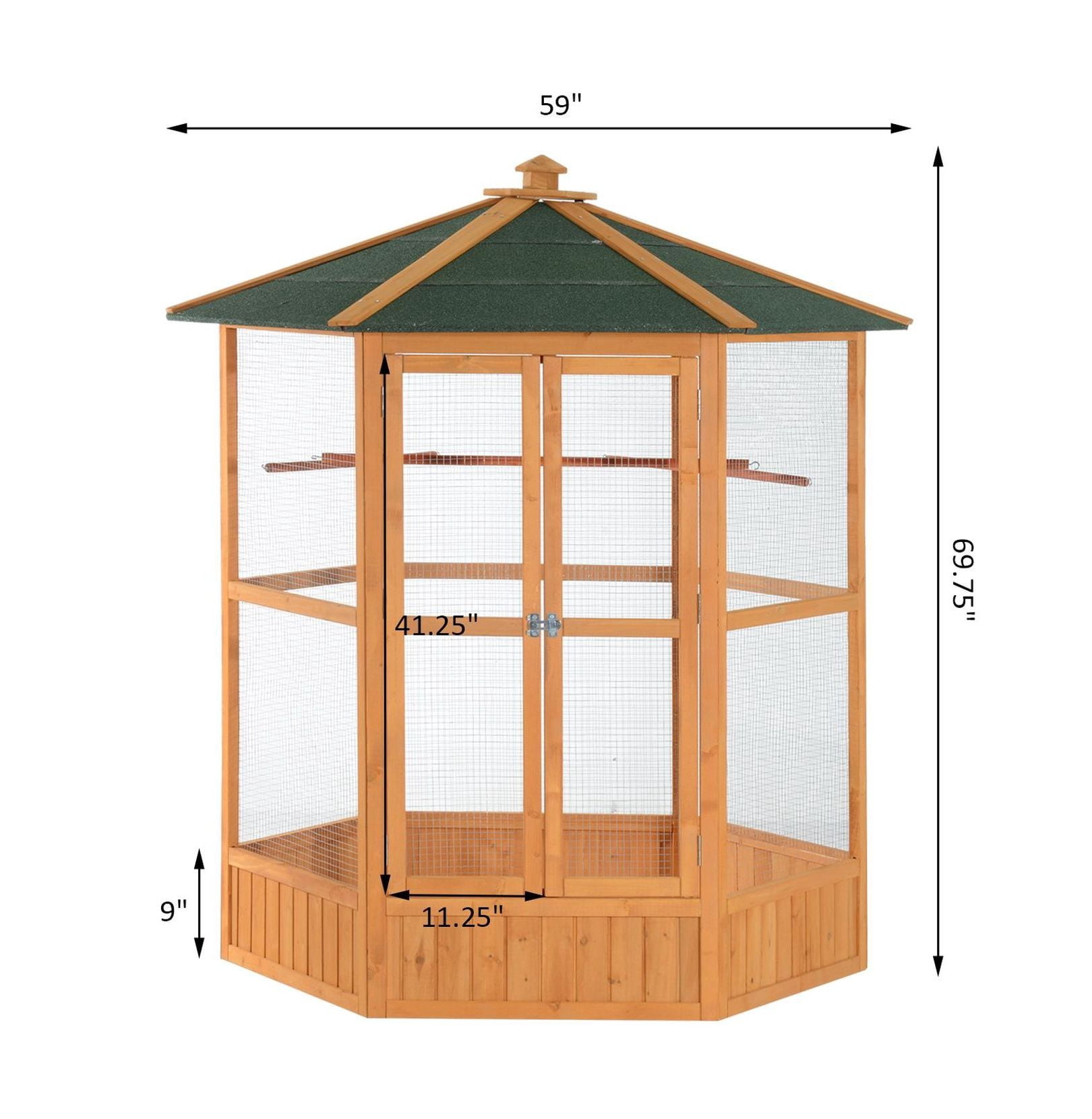 69" Large Wooden Bird Aviary, Hexagonal Outdoor Flight Cage with Roof - Brown