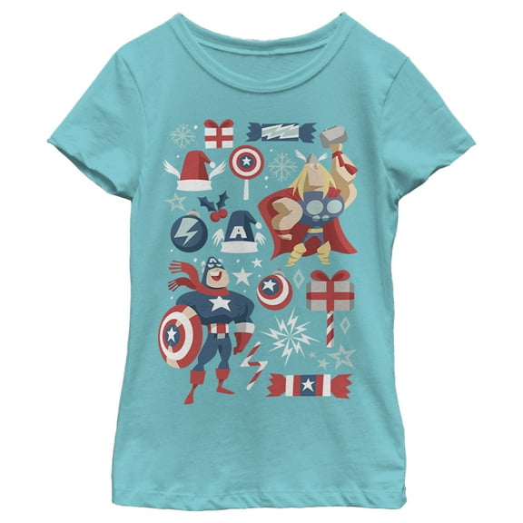 Girl's Marvel Christmas Festive Hero Icons  Graphic Tee Tahiti Blue Medium