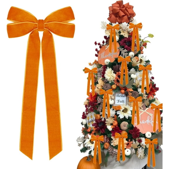 12Pcs Fall Velvet Ribbon Bows Tree Decorations,5in x 10in Orange Christmas Ornaments for Tree Home Thanksgiving Party Front Door Wreath Holiday Decor