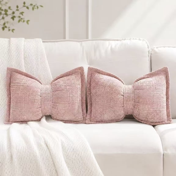 2Pcs Soft Chenille Bow-Shaped Throw Pillow, Decorative 12x20 Inch Bow Cushion with Plush Texture, Cozy Accent Pillow for Sofa Bed Chair and Reading Nook (Pink)