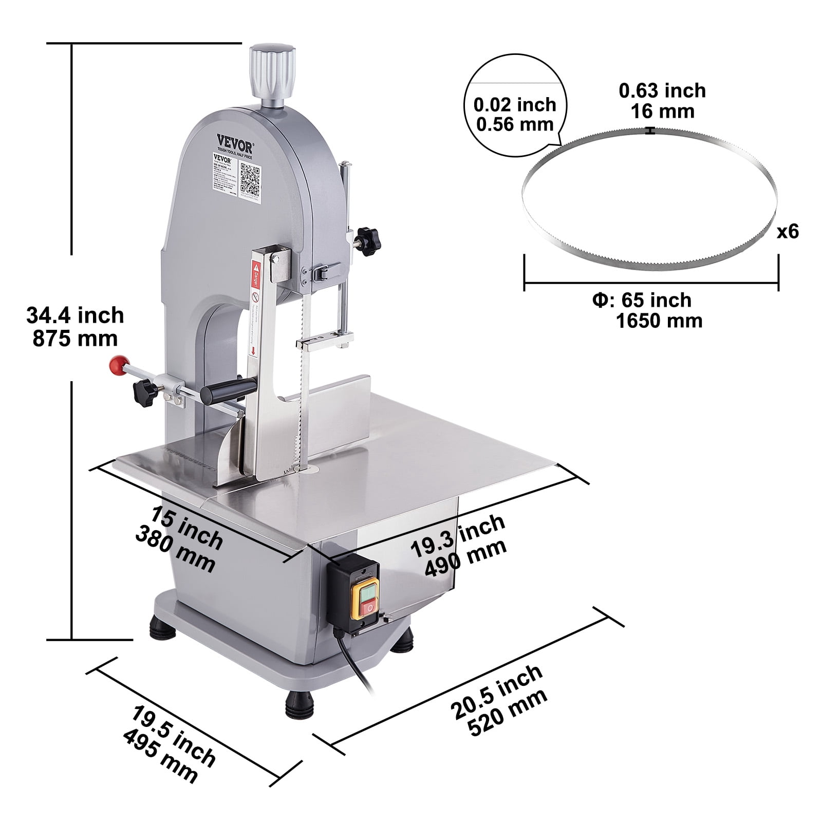 VEVOR 1500W Stainless Steel Countertop Bone Sawing Machine,19.3" x 15", 0.16-7.9 Inch 6 Blades