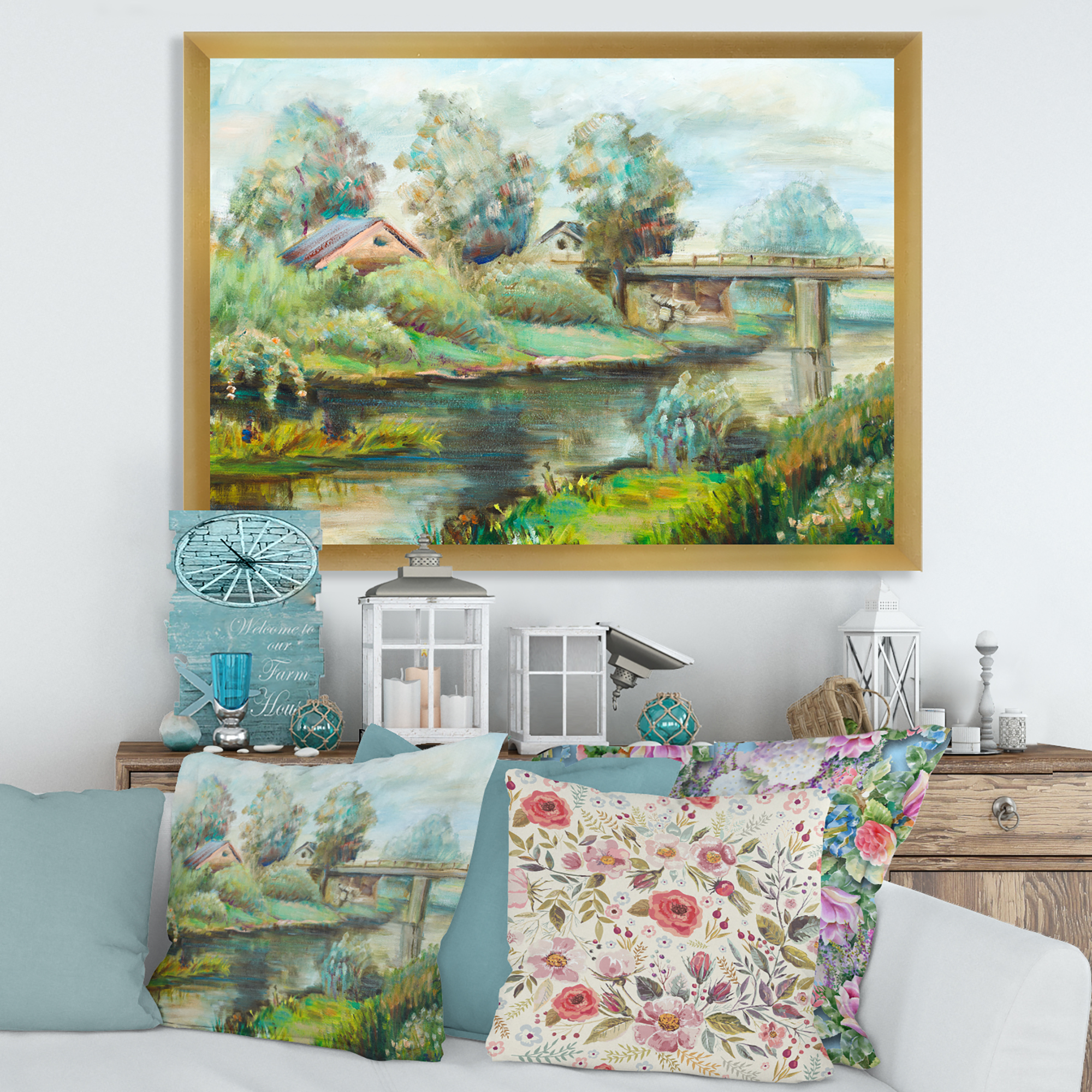 Designart 'Rustic Landscape With Bridge On The River' Lake House Framed Art Print