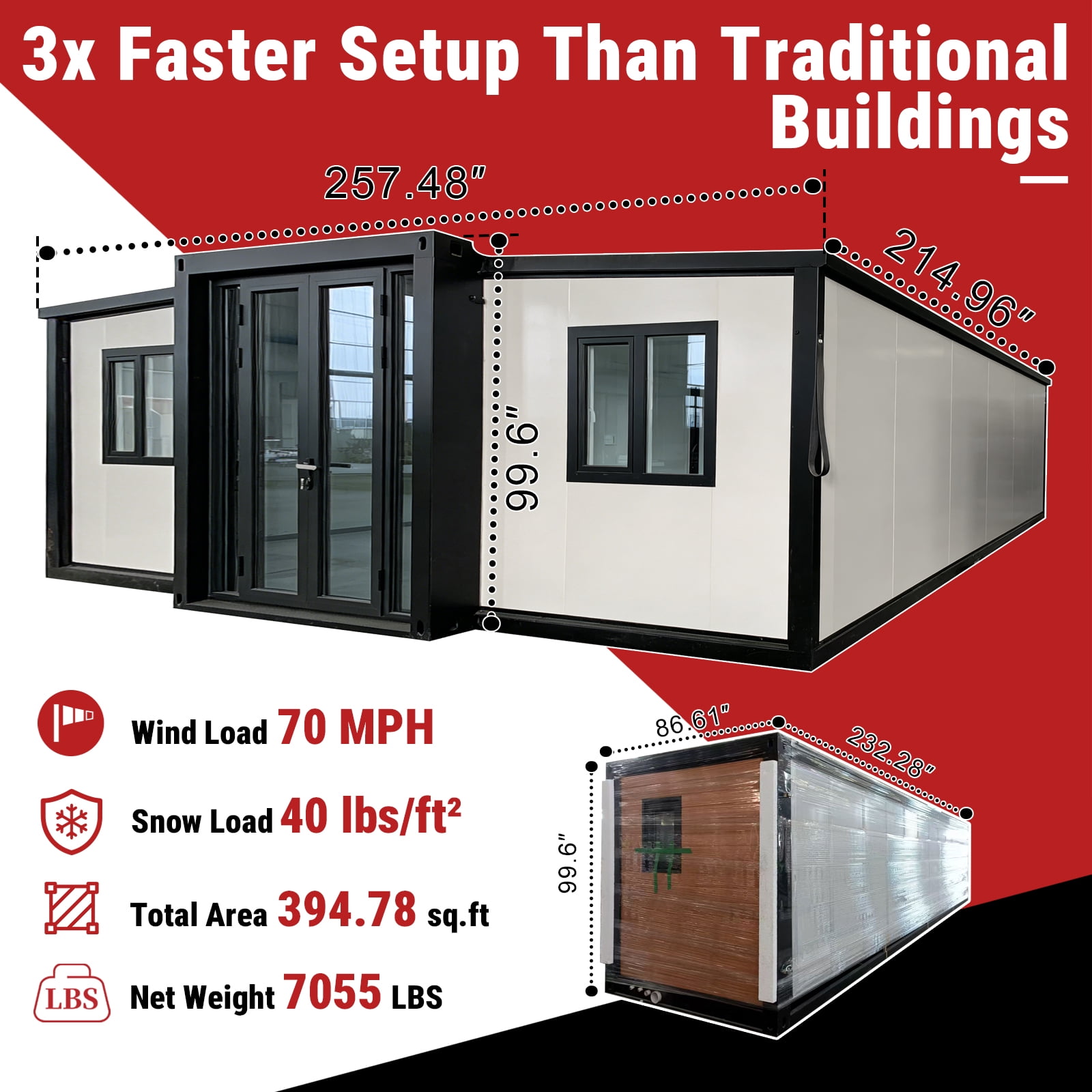 Expandable Prefab Home 19ft x 20ft Portable Tiny Home with Insulated EPS Panels & Galvanized Steel Frame, Expandable Container House Modular Building for Backyard Guest House, Office, Ca