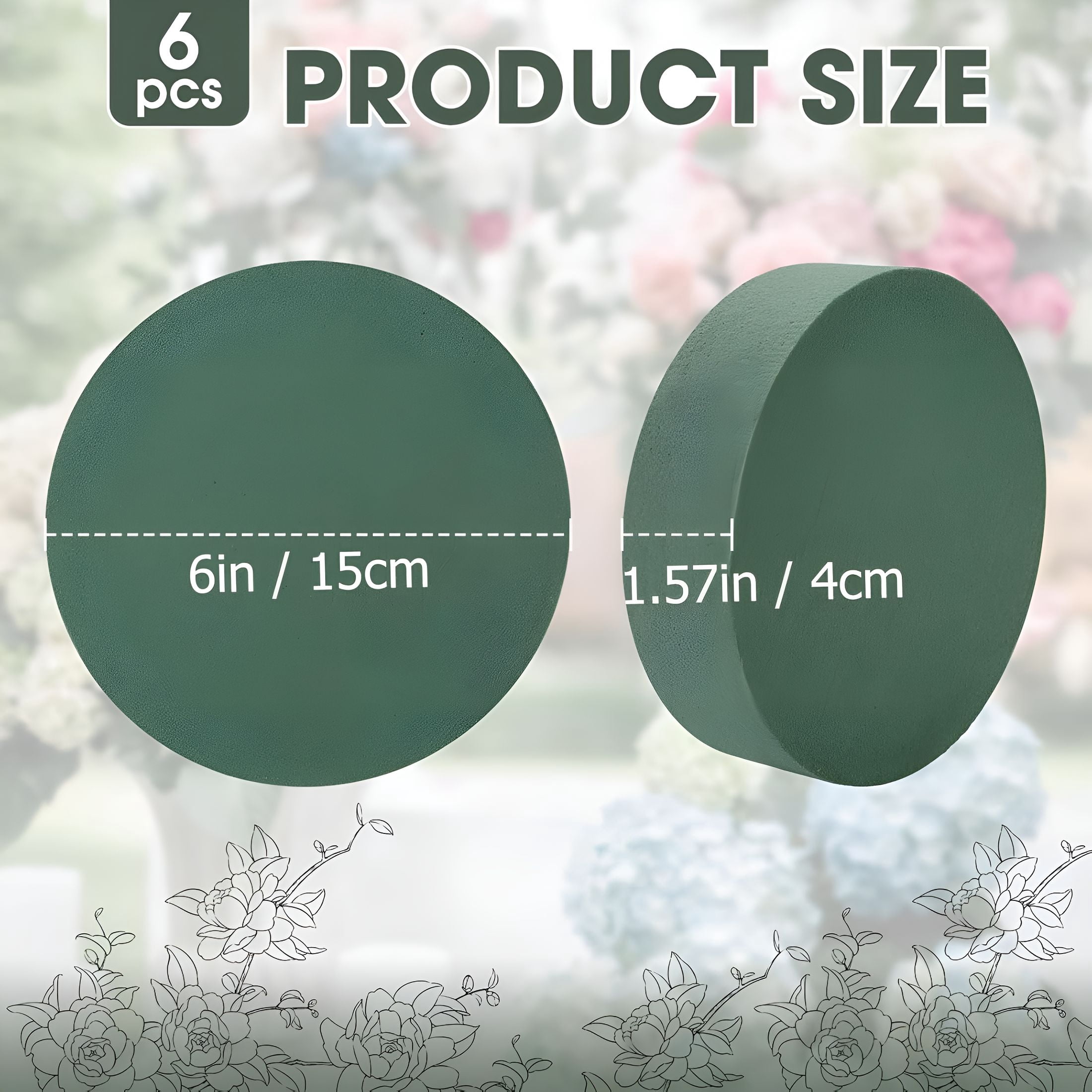 XIBUFE 6 Packs 6"Round Floral Foam Blocks,Wet&Dry Green Foam for Fresh and Artificial Flowers,Flower Foam for Wedding,Birthdays,Party,Home Decorations