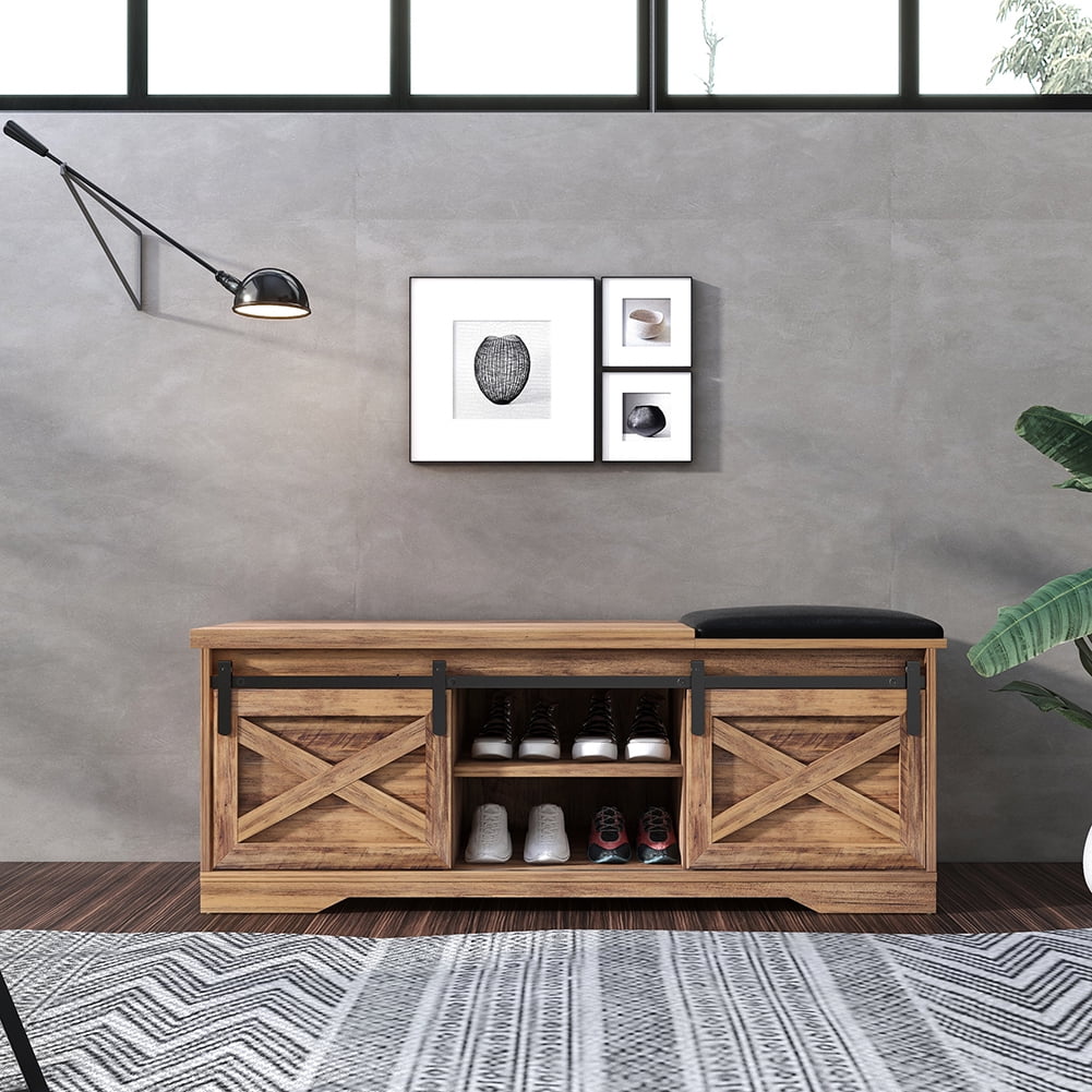 Kadyn 47 Inch Storage Bench, Modern Farmhouse Sliding X Barn Door Litterbox Bench with Entry Cutout and Adjustable Shelves, Shoe Bench for Entryway, Brown Kadyn 47 Inch Storage Bench, Modern Farmhouse Sliding X Barn Door Litterbox Bench with Entry Cutout and Adjustable Shelves, Shoe Bench for Entryway, Brown